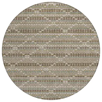 8' Taupe And Brown Round Geometric Washable Indoor Outdoor Area Rug