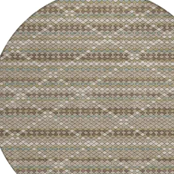 8' Taupe And Brown Round Geometric Washable Indoor Outdoor Area Rug