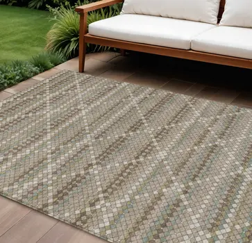9' X 12' Taupe And Brown Geometric Washable Indoor Outdoor Area Rug
