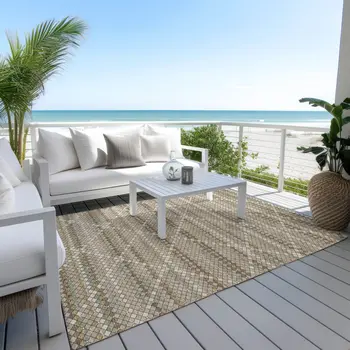 10' X 14' Taupe And Brown Geometric Washable Indoor Outdoor Area Rug