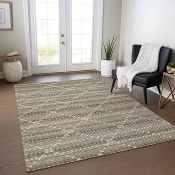 10' X 14' Taupe And Brown Geometric Washable Indoor Outdoor Area Rug