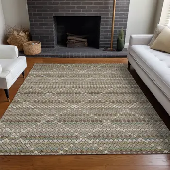 10' X 14' Taupe And Brown Geometric Washable Indoor Outdoor Area Rug