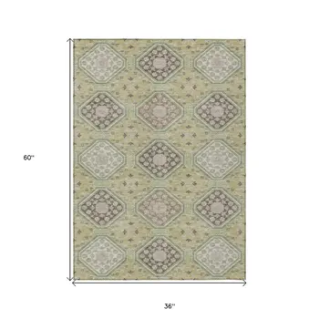 3' X 5' Artichoke Green And Brown Floral Washable Indoor Outdoor Area Rug