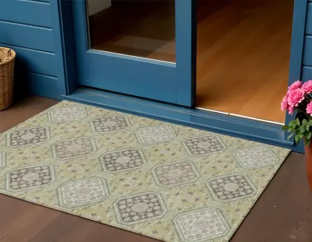 3' X 5' Artichoke Green And Brown Floral Washable Indoor Outdoor Area Rug