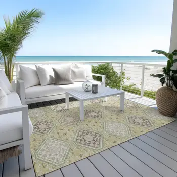 3' X 5' Artichoke Green And Brown Floral Washable Indoor Outdoor Area Rug