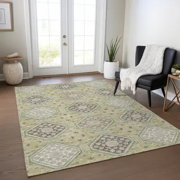 3' X 5' Artichoke Green And Brown Floral Washable Indoor Outdoor Area Rug