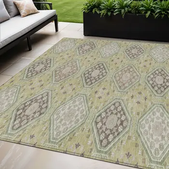 5' X 8' Artichoke Green And Brown Floral Washable Indoor Outdoor Area Rug