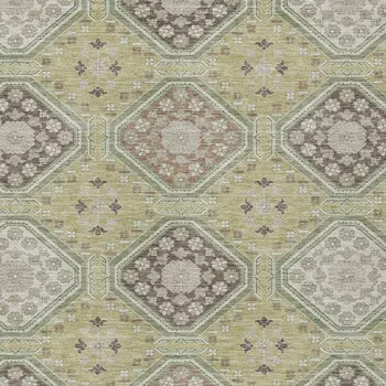 5' X 8' Artichoke Green And Brown Floral Washable Indoor Outdoor Area Rug