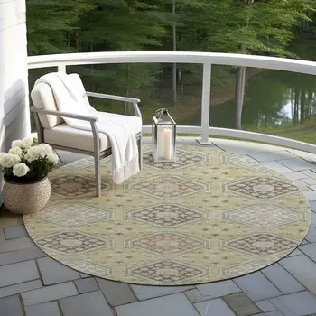 8' Artichoke Green And Brown Round Floral Washable Indoor Outdoor Area Rug