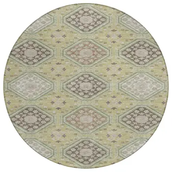 8' Artichoke Green And Brown Round Floral Washable Indoor Outdoor Area Rug