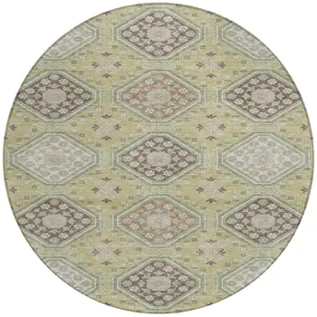 8' Artichoke Green And Brown Round Floral Washable Indoor Outdoor Area Rug