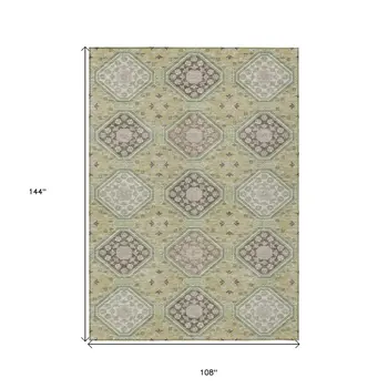 9' X 12' Artichoke Green And Brown Floral Washable Indoor Outdoor Area Rug