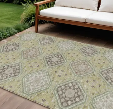 9' X 12' Artichoke Green And Brown Floral Washable Indoor Outdoor Area Rug