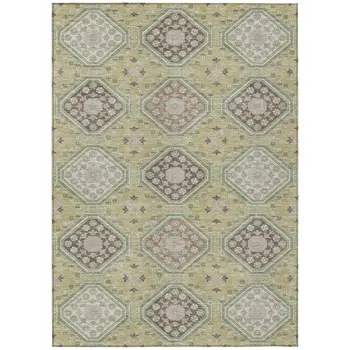 9' X 12' Artichoke Green And Brown Floral Washable Indoor Outdoor Area Rug