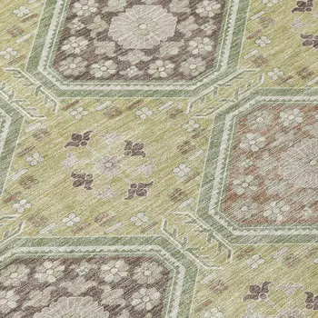 9' X 12' Artichoke Green And Brown Floral Washable Indoor Outdoor Area Rug