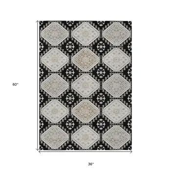 3' X 5' Black And Silver Floral Washable Indoor Outdoor Area Rug