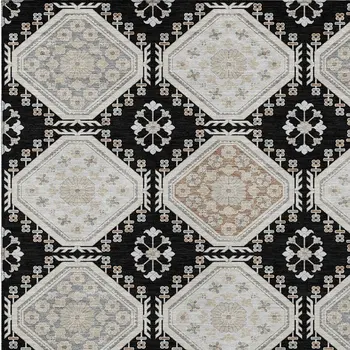 3' X 5' Black And Silver Floral Washable Indoor Outdoor Area Rug