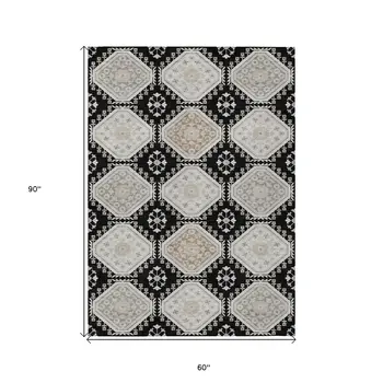 5' X 8' Black And Silver Floral Washable Indoor Outdoor Area Rug