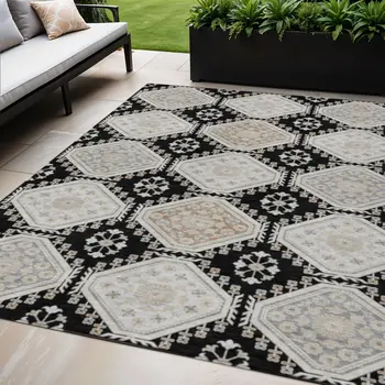 5' X 8' Black And Silver Floral Washable Indoor Outdoor Area Rug