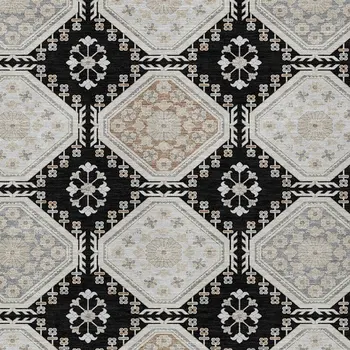 5' X 8' Black And Silver Floral Washable Indoor Outdoor Area Rug