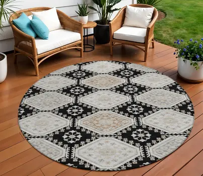 8' Black And Silver Round Floral Washable Indoor Outdoor Area Rug