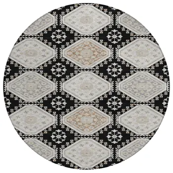 8' Black And Silver Round Floral Washable Indoor Outdoor Area Rug