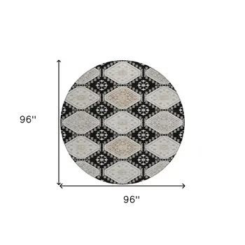 8' Black And Silver Round Floral Washable Indoor Outdoor Area Rug