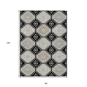 8' X 10' Black And Silver Floral Washable Indoor Outdoor Area Rug