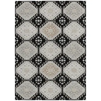 9' X 12' Black And Silver Floral Washable Indoor Outdoor Area Rug