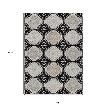 9' X 12' Black And Silver Floral Washable Indoor Outdoor Area Rug