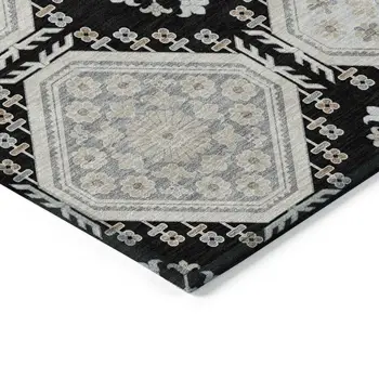 9' X 12' Black And Silver Floral Washable Indoor Outdoor Area Rug