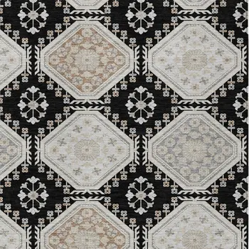 9' X 12' Black And Silver Floral Washable Indoor Outdoor Area Rug