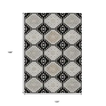 10' X 14' Black And Silver Floral Washable Indoor Outdoor Area Rug