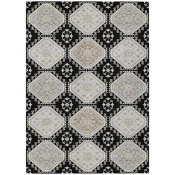 10' X 14' Black And Silver Floral Washable Indoor Outdoor Area Rug