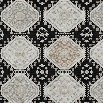 10' X 14' Black And Silver Floral Washable Indoor Outdoor Area Rug
