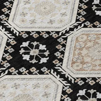 10' X 14' Black And Silver Floral Washable Indoor Outdoor Area Rug