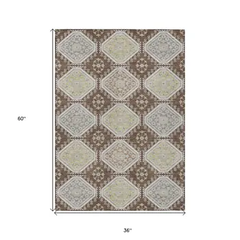 3' X 5' Chocolate And Beige Floral Washable Indoor Outdoor Area Rug