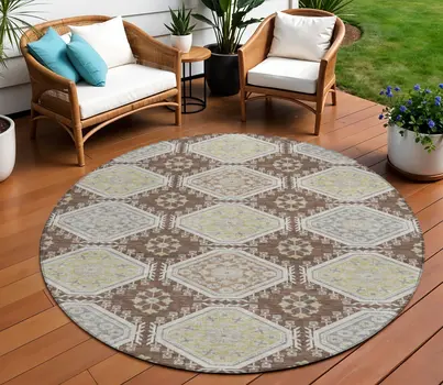 8' Chocolate And Beige Round Floral Washable Indoor Outdoor Area Rug