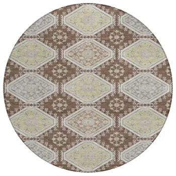 8' Chocolate And Beige Round Floral Washable Indoor Outdoor Area Rug