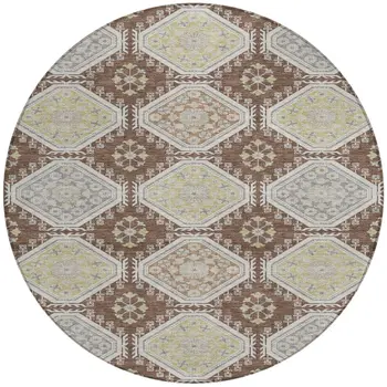 8' Chocolate And Beige Round Floral Washable Indoor Outdoor Area Rug