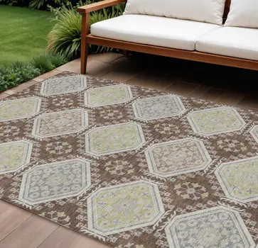 8' X 10' Chocolate And Beige Floral Washable Indoor Outdoor Area Rug