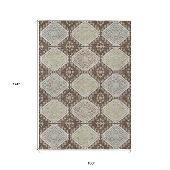 9' X 12' Chocolate And Beige Floral Washable Indoor Outdoor Area Rug