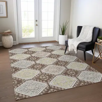 9' X 12' Chocolate And Beige Floral Washable Indoor Outdoor Area Rug