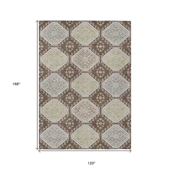 10' X 14' Chocolate And Beige Floral Washable Indoor Outdoor Area Rug