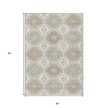 3' X 5' Ivory And Brown Floral Washable Indoor Outdoor Area Rug