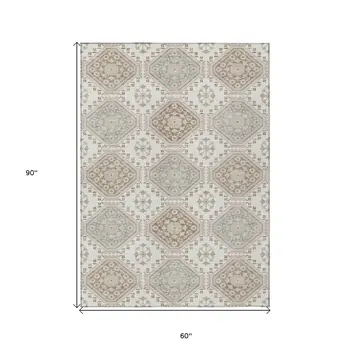 5' X 8' Ivory And Brown Floral Washable Indoor Outdoor Area Rug