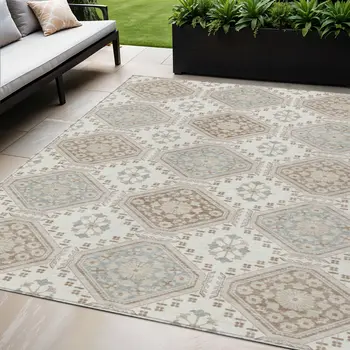 5' X 8' Ivory And Brown Floral Washable Indoor Outdoor Area Rug