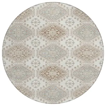 8' Ivory And Brown Round Floral Washable Indoor Outdoor Area Rug