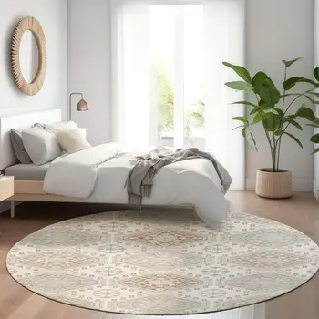 8' Ivory And Brown Round Floral Washable Indoor Outdoor Area Rug