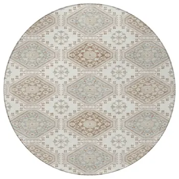 8' Ivory And Brown Round Floral Washable Indoor Outdoor Area Rug